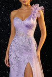 Sparkly Purple Mermaid Appliqued Ruffled One Shoulder Long Prom Dress with Slit