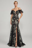 Sparkly Black Mermaid Cold Shoulder Long Prom Dress with Slit