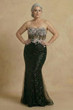Sparkly Black Mermaid Strapless Corset Plus Size Mother Of The Bride Dress
