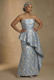 Strapless Light Blue Jacquard Sheath Long Plus Size Mother Of The Bride Dress with Ruffles