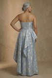 Strapless Light Blue Jacquard Sheath Long Plus Size Mother Of The Bride Dress with Ruffles