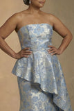 Strapless Light Blue Jacquard Sheath Long Plus Size Mother Of The Bride Dress with Ruffles