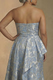 Strapless Light Blue Jacquard Sheath Long Plus Size Mother Of The Bride Dress with Ruffles