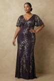 Sparkly Sheath Grape V-Neck Plus Size Mother Of The Bride Dress with Beading