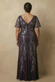 Sparkly Sheath Grape V-Neck Plus Size Mother Of The Bride Dress with Beading