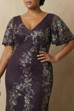 Sparkly Sheath Grape V-Neck Plus Size Mother Of The Bride Dress with Beading