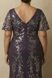 Sparkly Sheath Grape V-Neck Plus Size Mother Of The Bride Dress with Beading