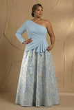 Light Blue One Shoulder Ruched A Line Jacquard Long Plus Size Mother Of The Bride Dress