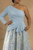 Light Blue One Shoulder Ruched A Line Jacquard Long Plus Size Mother Of The Bride Dress
