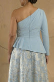 Light Blue One Shoulder Ruched A Line Jacquard Long Plus Size Mother Of The Bride Dress
