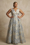 Dusty Blue A Line Jacquard V Neck Long Plus Size Mother Of The Bride Dress