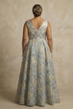 Dusty Blue A Line Jacquard V Neck Long Plus Size Mother Of The Bride Dress