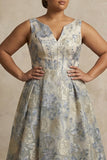 Dusty Blue A Line Jacquard V Neck Long Plus Size Mother Of The Bride Dress