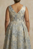 Dusty Blue A Line Jacquard V Neck Long Plus Size Mother Of The Bride Dress