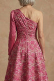 One Shoulder Fuchsia Floral A-Line Long Mother of the Bride Dress