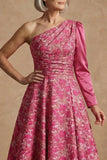 One Shoulder Fuchsia Floral A-Line Long Mother of the Bride Dress