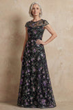 Blue Embroidered A-Line Cap Sleeves Long Mother of the Bride Dress