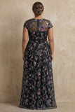 Black A-Line Embroidered Cap Sleeves Plus Size Long Mother of the Bride Dress