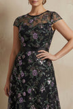 Black A-Line Embroidered Cap Sleeves Plus Size Long Mother of the Bride Dress