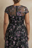 Black A-Line Embroidered Cap Sleeves Plus Size Long Mother of the Bride Dress