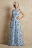 Blue Embroidered A-Line Cap Sleeves Long Mother of the Bride Dress
