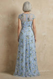 Blue Embroidered A-Line Cap Sleeves Long Mother of the Bride Dress