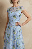 Blue Embroidered A-Line Cap Sleeves Long Mother of the Bride Dress