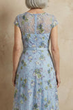 Blue Embroidered A-Line Cap Sleeves Long Mother of the Bride Dress