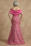 Fuchsia Floral Off The Shoulder Mermaid Long Mother of the Bride Dress with Slit