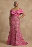 Fuchsia Floral Off The Shoulder Mermaid Long Mother of the Bride Dress with Slit