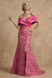 Fuchsia Floral Off The Shoulder Mermaid Long Mother of the Bride Dress with Slit