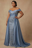 Off The Shoulder Beaded Dusty Blue Sequin Long Mother of the Bride Dress