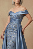 Off The Shoulder Beaded Dusty Blue Sequin Long Mother of the Bride Dress