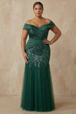 Dark Green Mermaid Off The Shoulder Long Mother of the Bride Dress with Sequins