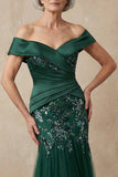 Dark Green Mermaid Off The Shoulder Long Mother of the Bride Dress with Sequins