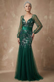 Dark Green Sequins Mermaid Long Sleeves Mother of the Bride Dress