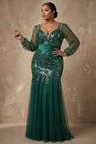 Dark Green Sequins Mermaid Long Sleeves Mother of the Bride Dress