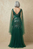 Sparkly Mermaid Dark Green Sequins Mother of the Bride Dress with Cape Sleeves