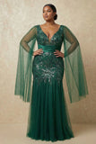 Sparkly Mermaid Dark Green Sequins Mother of the Bride Dress with Cape Sleeves