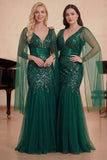 Sparkly Mermaid Dark Green Sequins Choir Dress with Cape Sleeves