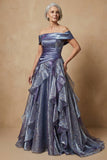 Dusty Blue Off The Shoulder Ruffled A-Line Long Mother of the Bride Dress