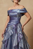 Dusty Blue Off The Shoulder Ruffled A-Line Long Mother of the Bride Dress
