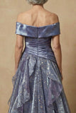 Dusty Blue Off The Shoulder Ruffled A-Line Long Mother of the Bride Dress