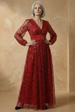 Burgundy A-Line Sequins Long Sleeves Mother of the Bride Dress