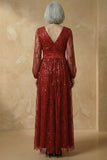Burgundy A-Line Sequins Long Sleeves Mother of the Bride Dress