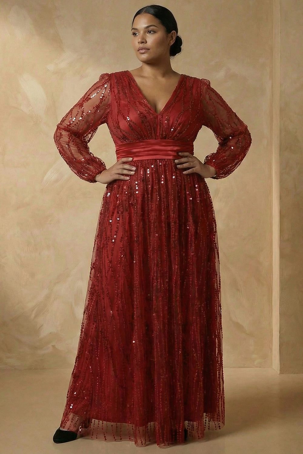 Zapaka Women Burgundy Long Mother of the Bride Dress A-Line V-Neck Sequins Long Sleeves Wedding Guest Dress, Burgundy / US4 Zapaka Women Burgundy Long Mother of the Bride Dress A-Line V-Neck Sequins Long Sleeves Wedding Guest Dress, Burgundy / US4