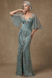 Sparkly Grey Green Mermaid Half Sleeves Sequins Mother of the Bride Dress with Slit