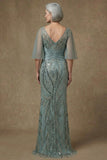 Sparkly Grey Green Mermaid Half Sleeves Sequins Mother of the Bride Dress with Slit