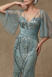 Sparkly Grey Green Mermaid Half Sleeves Sequins Mother of the Bride Dress with Slit