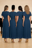 Navy Pleated A-Line Round Neck Beaded Long Chiffon Choir Dress